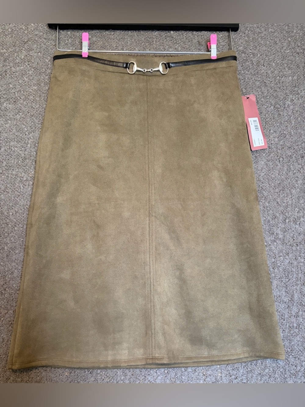 Suede A-Line Skirt with Decorative Bit Detail in Olive
